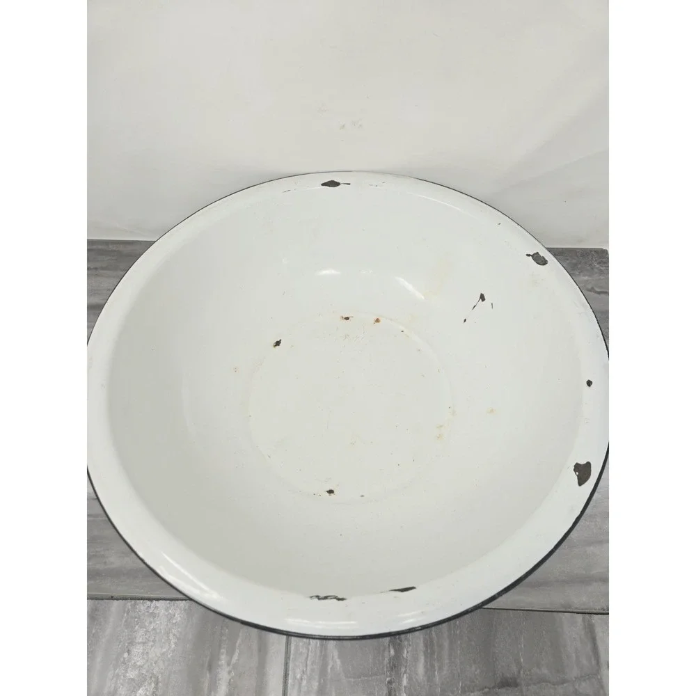 VTG White Black Enamelware Basin Bowl Antique Primitive Large 16
